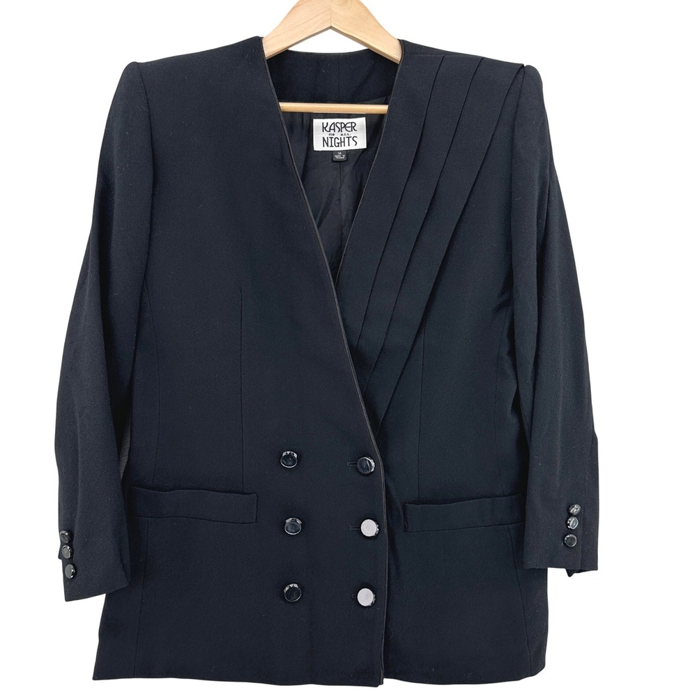 VTG Kasper for ASL Nights Womens Black Pleated Double Breasted Blazer 14 90s 80s